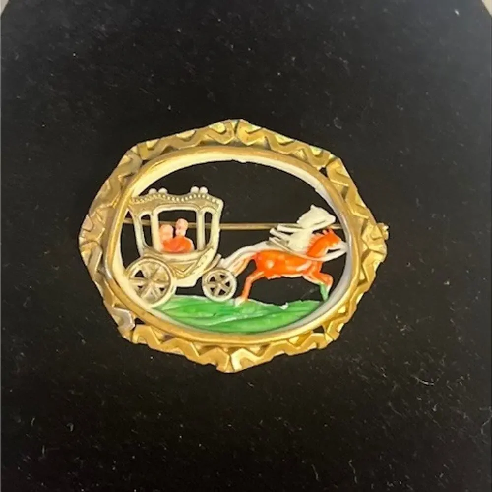 Celluloid Lovers Chariot Brass Frame Colored Carved Brooch Pin Carriage Vintage